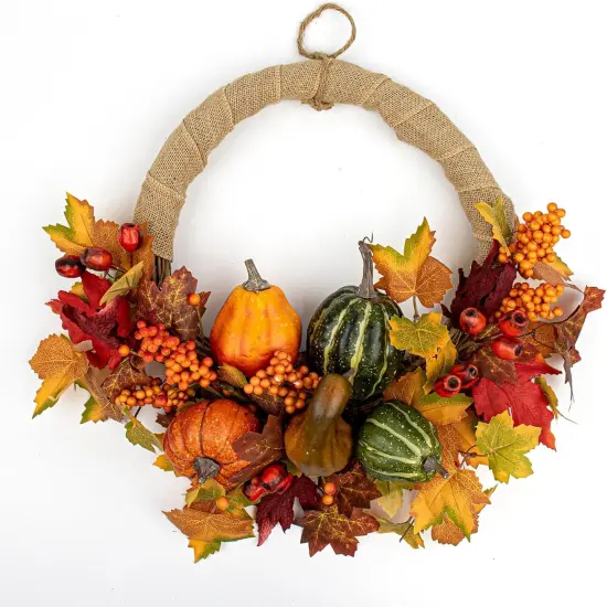 20 Inch Artificial Fall Autumn Wreath with Pumpkins {1}