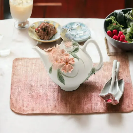 Ceramic Bluebird Apple Blossom Teapot, Gift for Her, Gift for Mom, Kitchen D&eacute;cor, Tea Party D&eacute;cor, Caf&eacute; D&eacute;cor, Kitchen Decor {1}