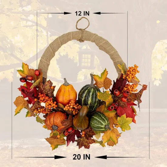 20 Inch Artificial Fall Autumn Wreath with Pumpkins {3}