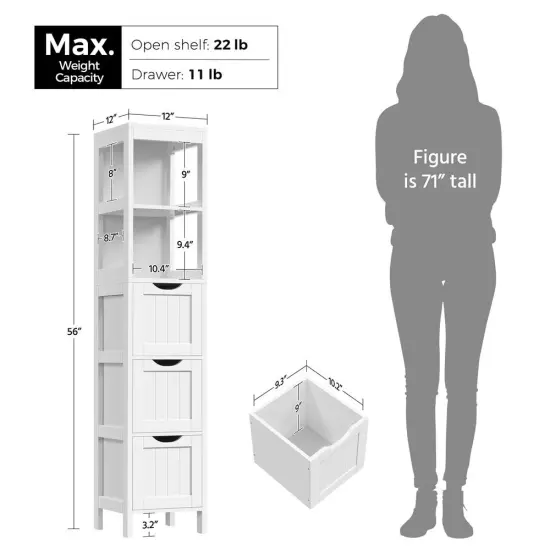 Bathroom Cabinet Tower with 3 Storage Drawers and 2 Shelves in White Wood Finish {3}