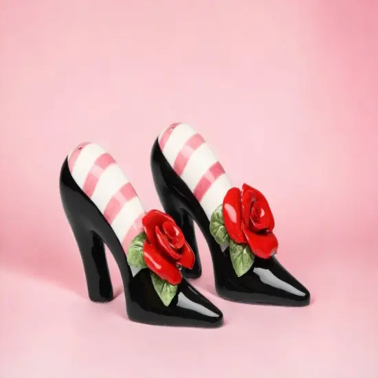 Ceramic Black Heels With Red Rose Salt and Pepper Shakers, Home D&eacute;cor, Gift for Her, Gift for Mom, Kitchen D&eacute;cor {2}