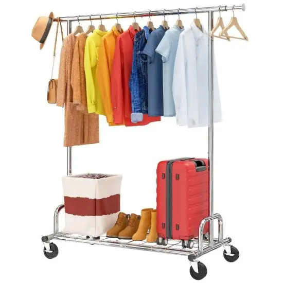 Silver Heavy-Duty Metal Garment Rack with Adjustable Bars and Lockable Casters {1}