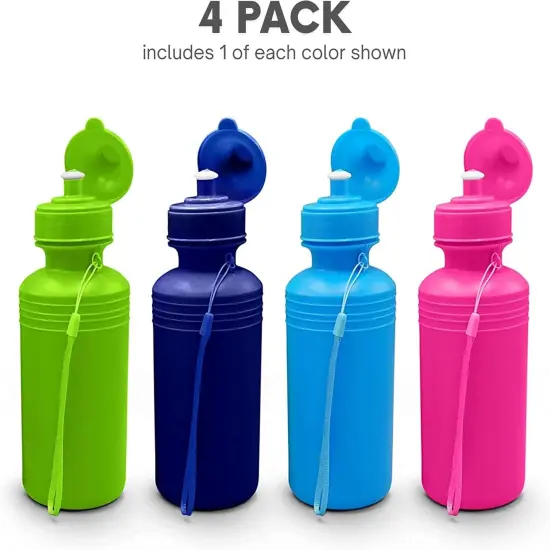 4E's Novelty 4 Pack Kids Water Bottles 18oz &ndash; BPA-Free, Reusable Plastic Bottles with Strap {2}