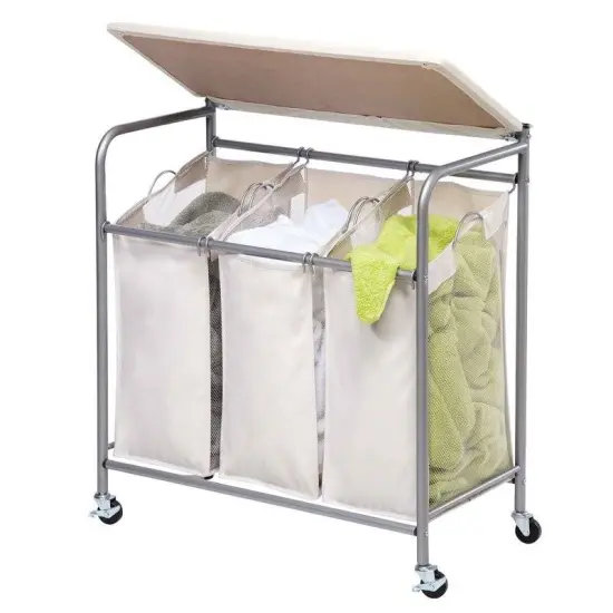 Beige Fabric 3-Section Wheeled Laundry Sorter with Folding Ironing Board {2}