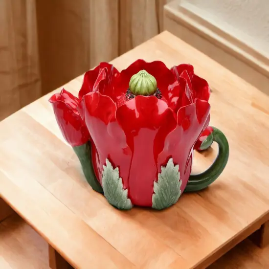 Ceramic Red Poppy Flower Teapot, Gift for Her, Gift for Mom, Tea Party D&eacute;cor, Caf&eacute; D&eacute;cor, Spring Kitchen Decor {2}