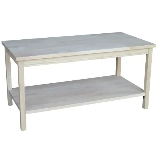 36" Rectangular Unfinished Wood Coffee Table with Open Shelf and Butcher Block Surface for Living Room {1}