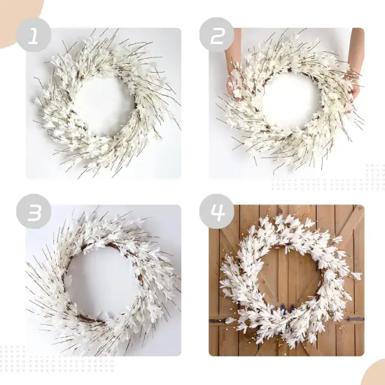 20inch Artificial Forsythia Flower Wreath Spring Summer Fall Wreath Silk Leaves Wreath for Front Door Wreath Porch Farmhouse Patio Garden Home Decor (White) {2}