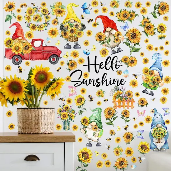 122 Pcs 6 Sheets Summer Wall Stickers Window Clings Gnome Sunflower Wall Decals {3}