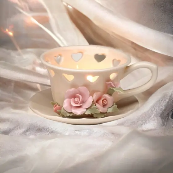 Hand Crafted Ceramic Rose Cup Tealight Candle Holder, Wedding D&eacute;cor, Wedding Gift, Wedding Favor, Anniversary D&eacute;cor, Anniversary Gift {1}