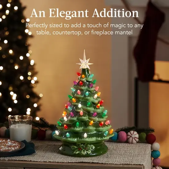 15in Ceramic Christmas Tree Pre-Lit Tabletop Holiday Tree with Star Topper and Multicolored Bulbs Green W {5}