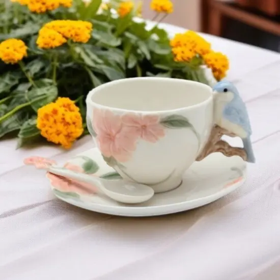 Ceramic Flower with Bluebird Cup and Saucer and Spoon-2 Sets, Gift for Mom, Gift for Friend or Coworker, Tea Party D&eacute;cor, Caf&eacute; Decor {3}