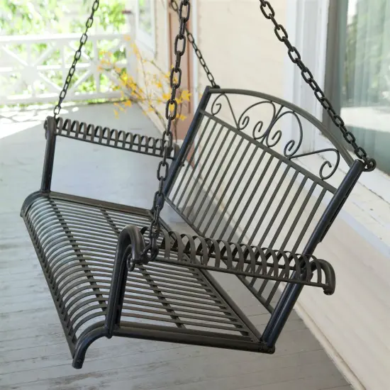 Black Wrought Iron 4-ft Porch Swing with Scrolled Arms & Chains {2}