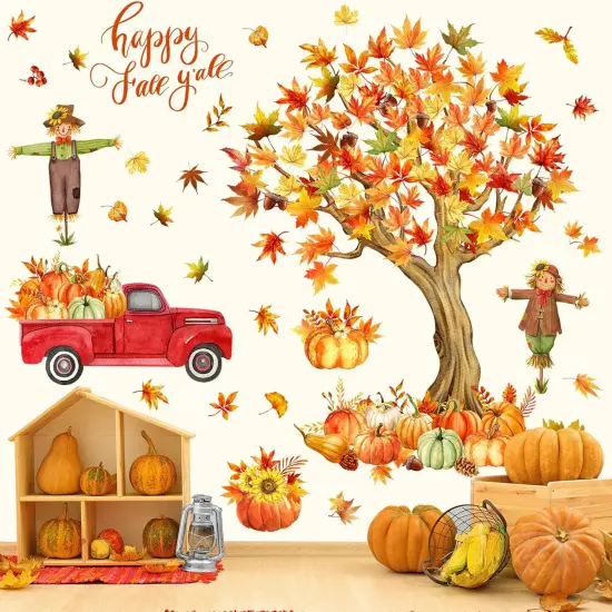 Fall Maple Leaves Wall Decals Tree Scarecrow Pumpkin Truck {1}