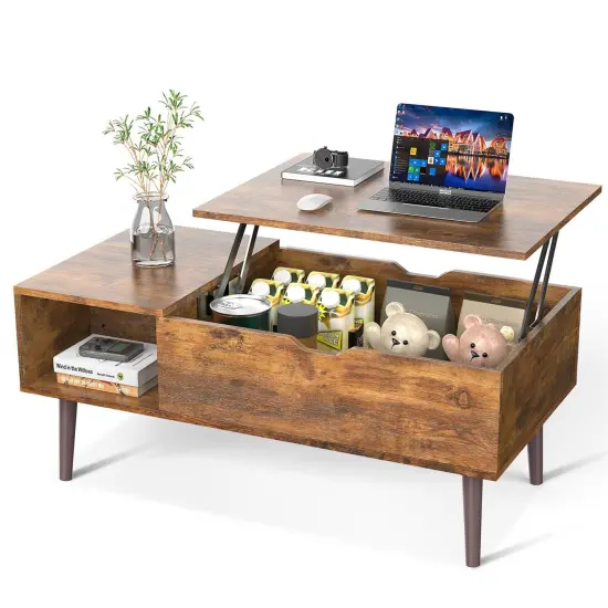 Modern Brown Wooden Lift-Top Coffee Table with Hidden Storage and Open Shelf for Living Room {1}