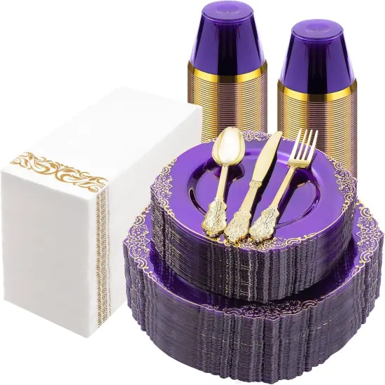 350PCS Purple & Gold Disposable Dinnerware Set &ndash; Plates, Cutlery, Cups & Napkins for 50 Guests {1}