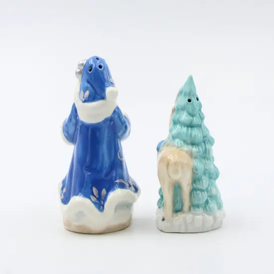 Hand Painted Ceramic Blue Santa Claus with Reindeer & Tree Salt and Pepper Shakers, Home Décor, Gift for Her, Gift for Mom, Kitchen Décor {4}