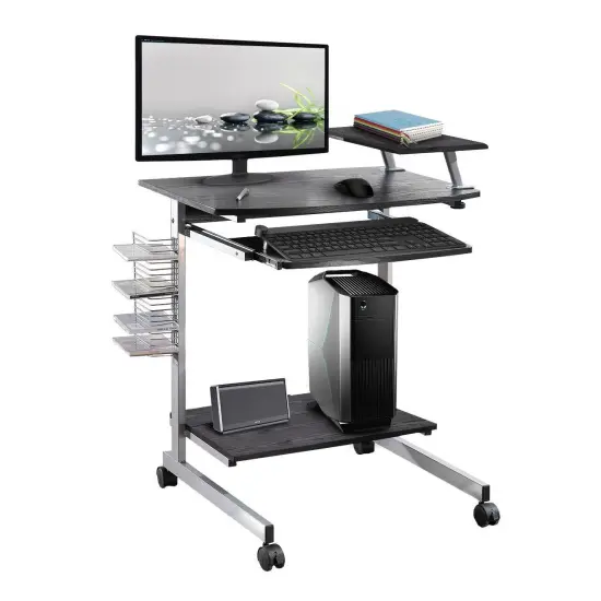 Black MDF Mobile Computer Cart Desk with Pullout Keyboard Tray and Adjustable Shelf {1}