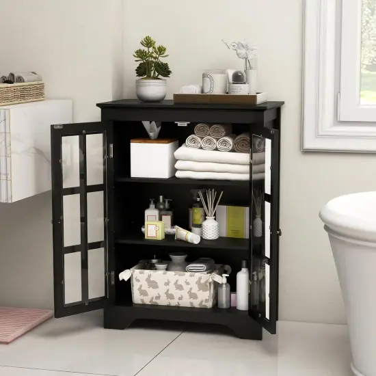Black Bathroom Linen Cabinet with Glass Doors Adjustable Shelves Freestanding MDF Storage Organizer {5}