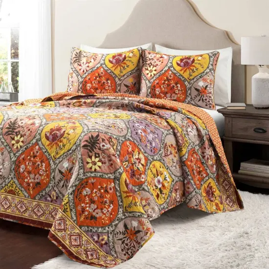 Boho Floral Lightweight Cotton Orange Mauve 3-Piece Quilt Set {1}