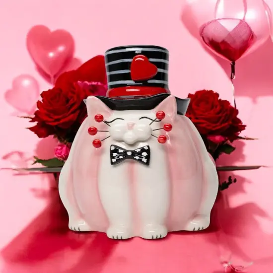Ceramic Valentine Themed Whiskered Cat Chocolate Candy Jar, Gift for Her, Gift for Mom, Valentine&rsquo;s Day D&eacute;cor, Romantic D&eacute;cor {1}
