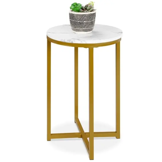 Round Cross Leg Coffee Side Table with Faux Marble Top for Living Room {1}
