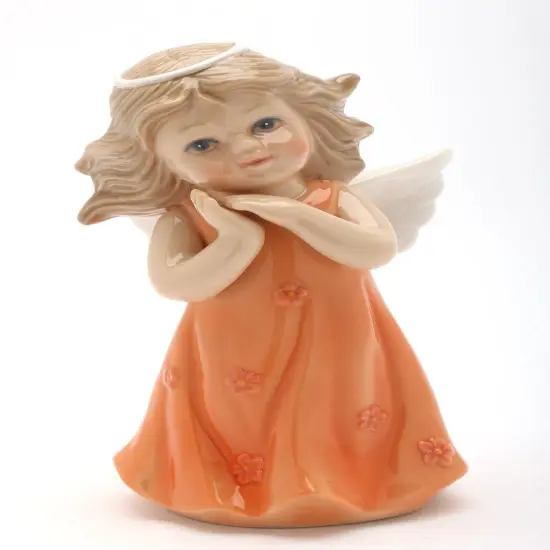 Ceramic Angel in Peach Orange Dress Figurine, Religious Décor, Religious Gift, Church Décor, Church Gift, Baptism Gift {3}