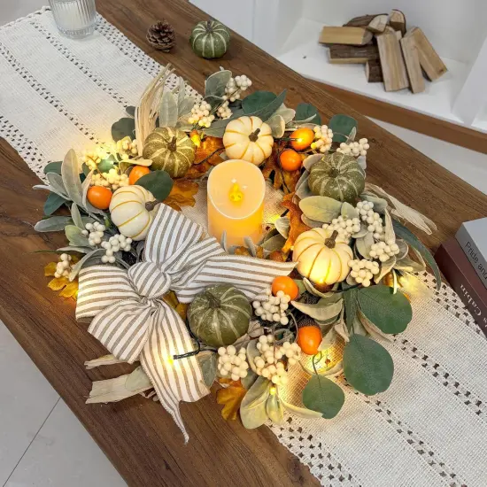 20'' Fall Wreath with Lights, Eucalyptus Pumpkins Autumn Wreaths {3}