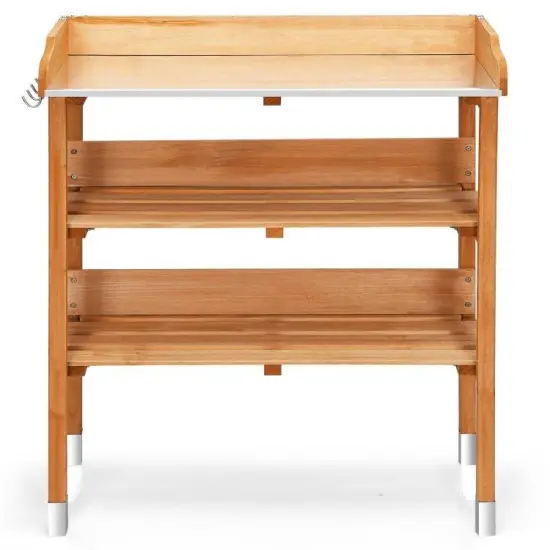 Outdoor Wood Garden Bench with Storage Shelves and Metal Work Surface {3}