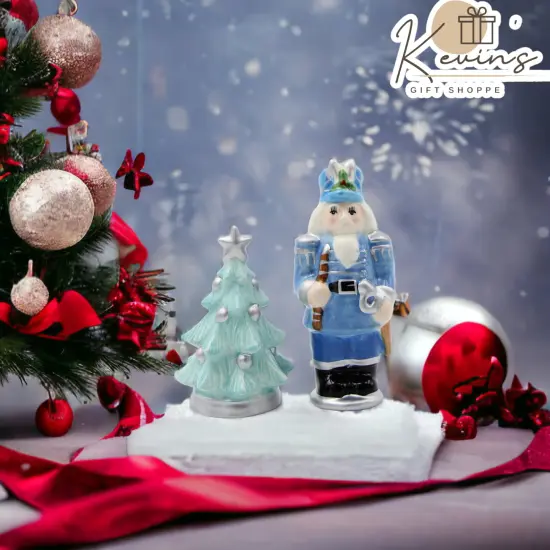 Ceramic Blue Nutcracker with Christmas Tree Salt and Pepper Shakers, Home Décor, Gift for Her, Gift for Mom, Kitchen Décor, Christmas Décor {1}