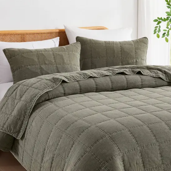 Stone Washed Cotton Quilt Set Full Queen Green 3 Piece Set {2}