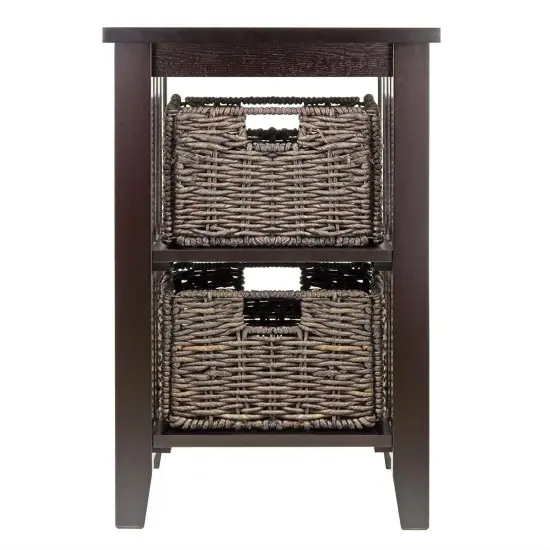 Espresso 3-Tier Accent Side Table with Open Shelf and 2 Storage Baskets for Bedroom or Living Room {4}