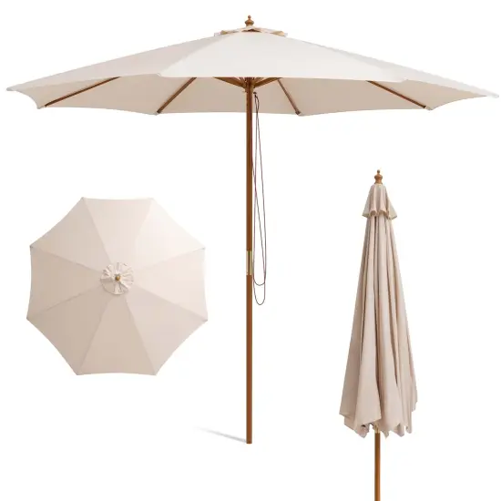 Costway 10FT Patio Wooden Market Table Umbrella Pulley with 8 Bamboo Ribs Sunshade Canopy Coffee/Gray/Navy/Wine/Beige {11}