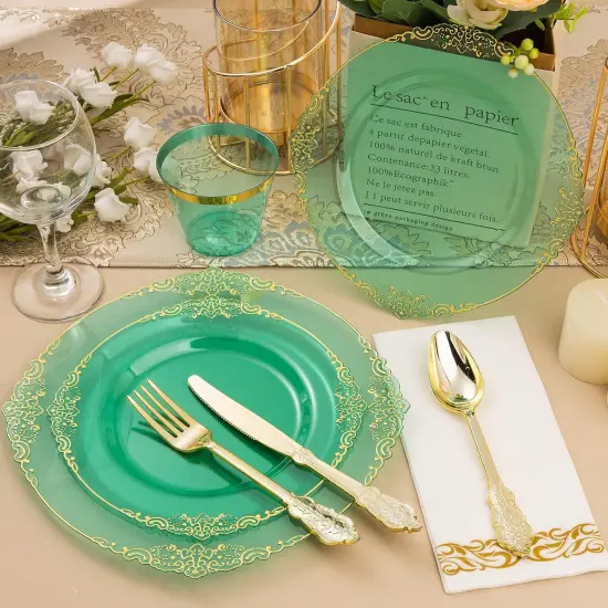 350PCS Green & Gold Disposable Dinnerware Set &ndash; Plates, Cutlery, Cups & Napkins for 50 Guests {4}