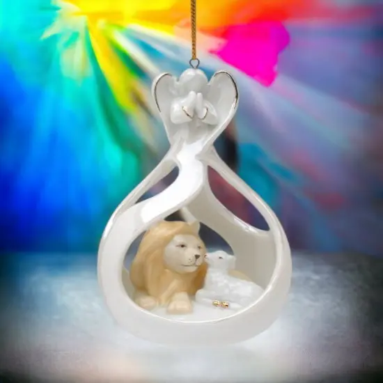 Ceramic Angel with The Lion and Lamb Eternal Peace Ornament, Home Décor, Religious Décor, Religious Gift, Church Décor, Baptism Gift {2}