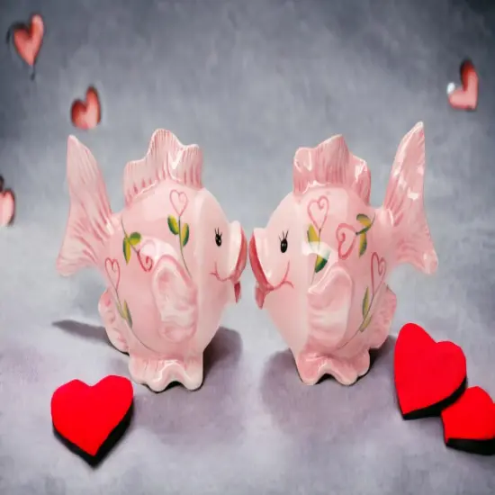 Ceramic Pink Fish with Hearts Salt and Pepper Shakers, Valentines Day Decor, Gift for Her, Kitchen Decor, {2}