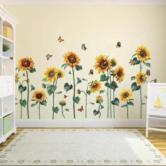 Watercolor Sunflower Wall Sticker Peel and Stick Flower Butterfly Wall Decal {4}