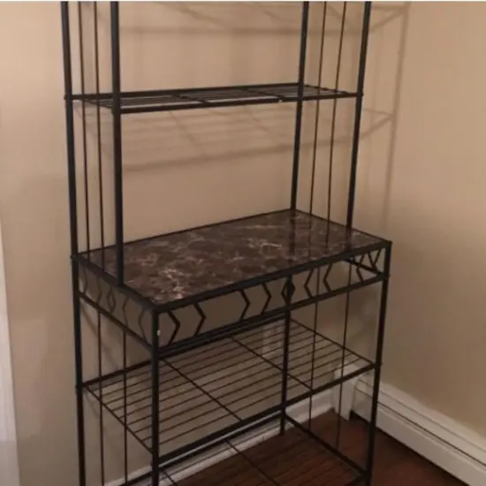 Black Metal Bakers Rack with Faux Marble Top, 5-Tier Shelving and Industrial Design {2}