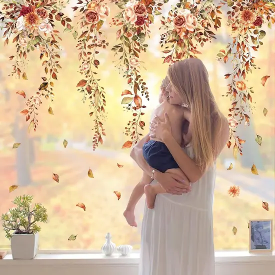 9 Sheets Fall Thanksgiving Window Clings Hanging Flower Vine Leaves {1}