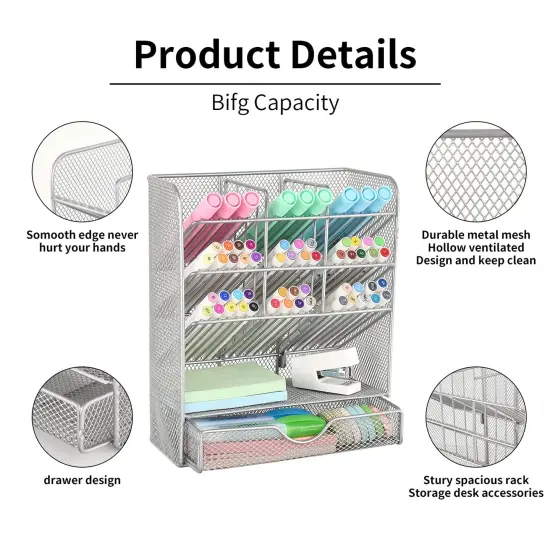 Spacrea Pen Holder Desk Organizer - Desk Organizers and Accessories, Pencil Holder with 10 Compartments and 1 Drawer (Silver) {3}