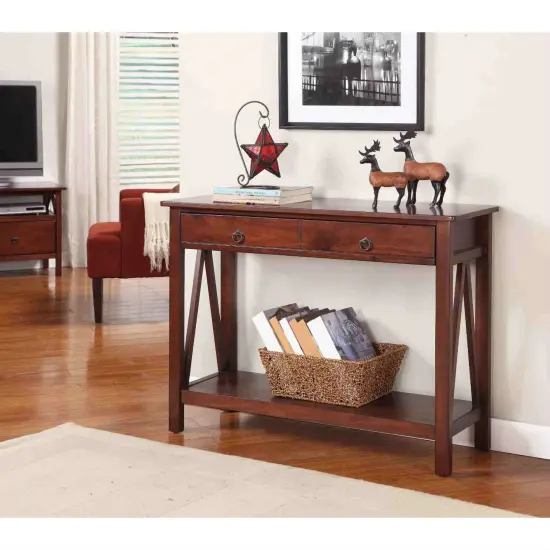 Brown 2-Drawer Console Table with Storage Shelf for Entryway, Hallway or Living Room Decor {2}