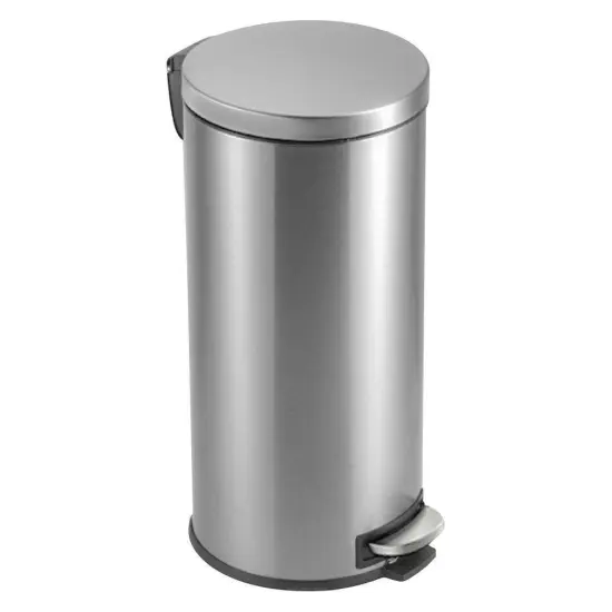 Silver Stainless Steel Round Trash Can with Step Lid and Removable Liner {1}