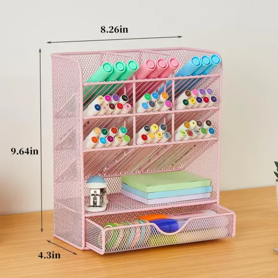 Spacrea Pen Holder Desk Organizer - Desk Organizers and Accessories, Pencil Holder with 10 Compartments and 1 Drawer（Pink） {3}