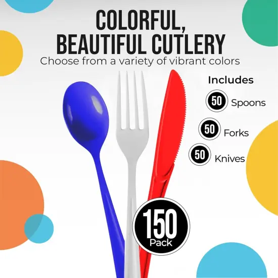 Exquisite Polished Plastic Silverware &ndash; 150 Pcs Heavy Duty Cutlery Set &ndash; 50 Each of Forks, Knives & Spoons &ndash; Disposable Utensil Set for Parties, Events & Catering &ndash; Flatware Set by Party Solids Patriotic {3}