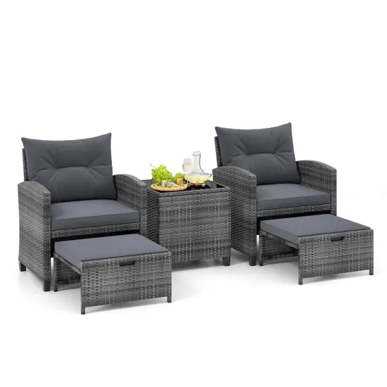 Costway 5 Piece Patio Rattan Furniture with 2 Ottomans & Tempered Glass Coffee Table Black/Grey/Navy/Beige/Red {8}