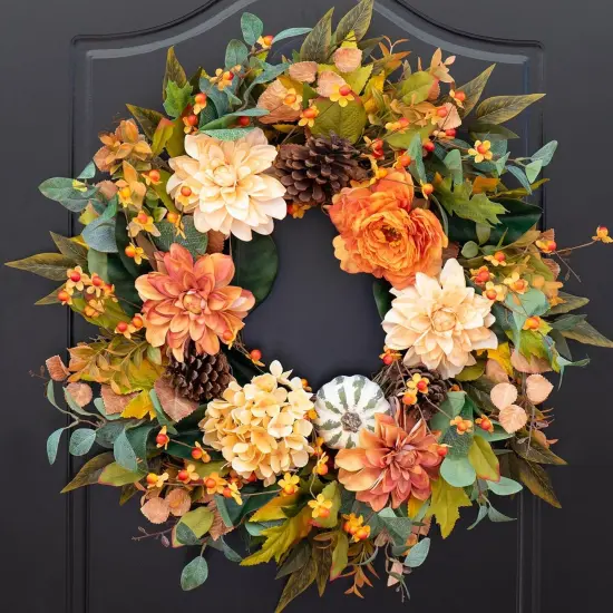 24 Inch Fall Autumn Wreath with Dahlia Flowers {1}