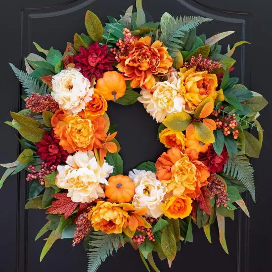 24 Inch Fall Wreaths with Pumpkins, Maple Leaves & Peonies {1}