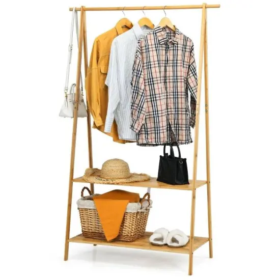 Natural Wicker Garment Rack with Shelves and Hanging Rod for Small Spaces {1}