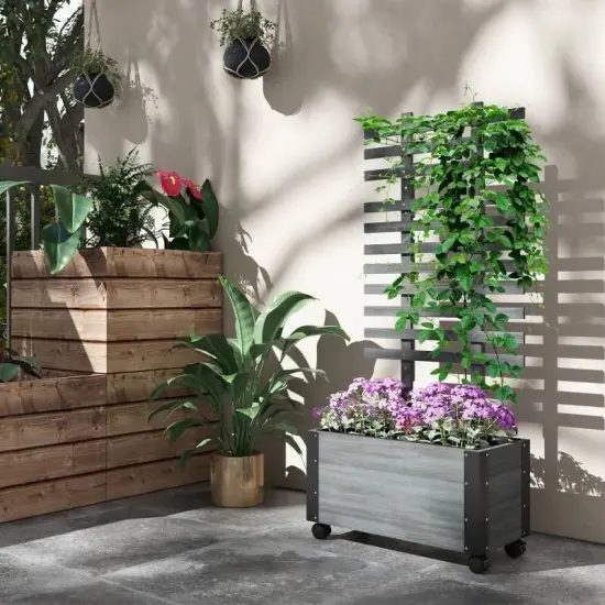 Grey Fir Wood Raised Garden Bed Planter with Trellis and Wheels {1}