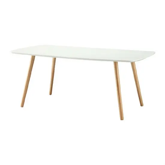 Modern Rectangle White Top Coffee Table with Brown Wood Trestle Base and Glossy Finish {2}