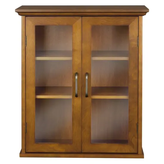 Oak Finish Bathroom Wall Cabinet with Glass 2-Doors & Shelves {1}